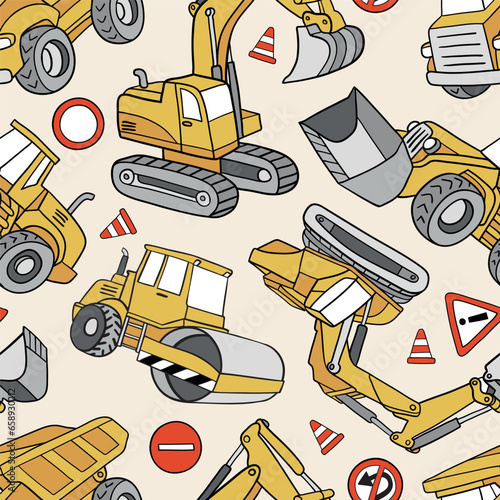 Hand drawn construction trucks and bulldozers seamless vector pattern. Perfect for textile, wallpaper or nursery print design.