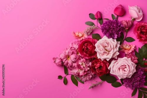 Floral arrangement bloom pink background. Petal natural. Generate Ai