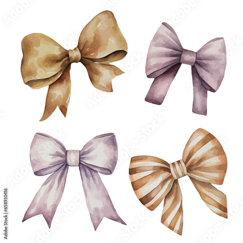 Watercolor collection of beige and purple bows, coiled ribbons, isolated on white background. Watercolor vector holiday bow tie decor for Christmas, new Year, birthday, Valentines.
