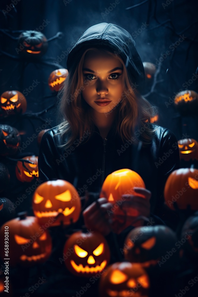 woman with a glowing pumpkin in a mysterious darkness woman with a glowing pumpkin in a mysterious darkness