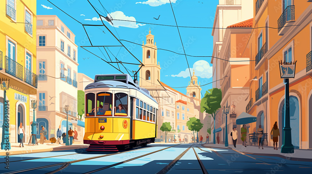 Lisboa ilustração, cidade colorida - obrazy, fototapety, plakaty 