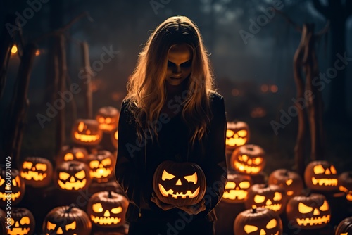 woman with a glowing pumpkin in a mysterious darkness