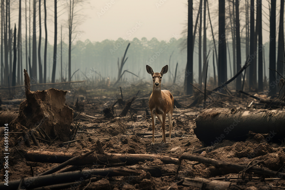 Wild animal in a deforested area on wildlife habitats. Animal in the middle of a felled forest. Deforestation's on Wildlife concept. - obrazy, fototapety, plakaty 