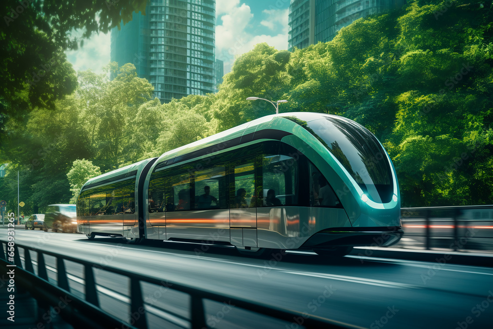 Fototapeta premium A futuristic electric, emission-free public transportation gliding through a green city.