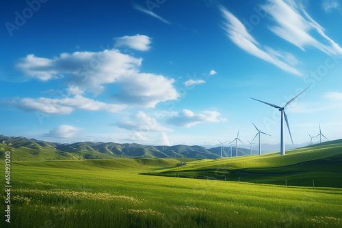 view of wind farm or wind park, with high wind turbines for generation electricity with copy space. Green energy concept.