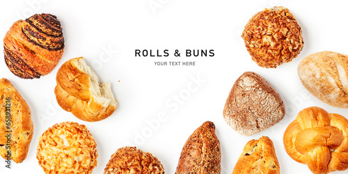 Bread rolls and buns frame border isolated on white background.