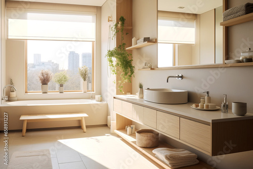 Bathroom interior design in minimalistic Japanese style.  Sustainable design  