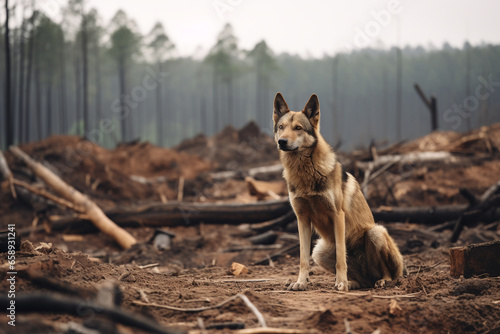 Wild animal in a deforested area on wildlife habitats. Animal in the middle of a felled forest. Deforestation's on Wildlife concept. © lelechka