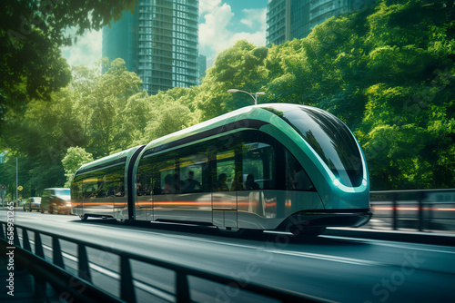 A futuristic electric, emission-free public transportation gliding through a green city.