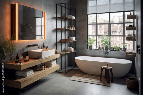 Modern bathroom interior design in Industrial style. Black and wood. 