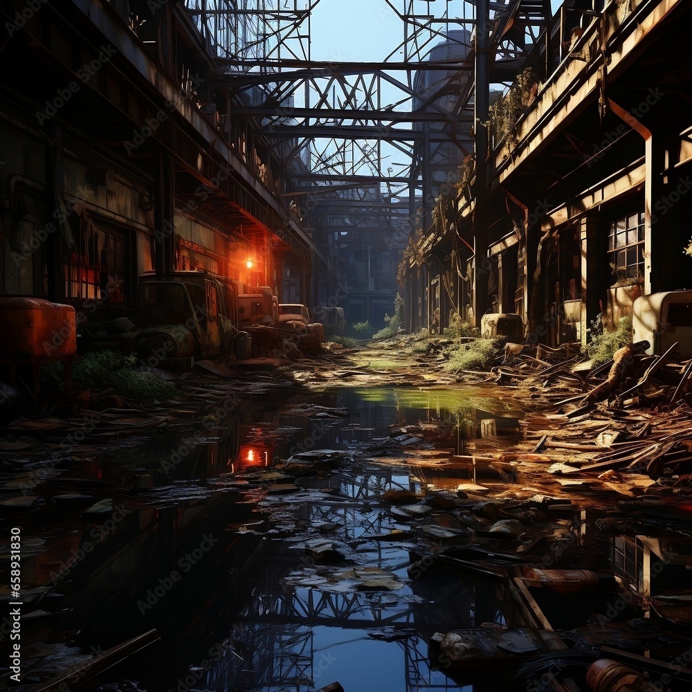 An open factory with garbage on the floor of an industrial facility