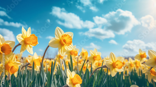  Yellow daffodils or narcissus flowers close up.