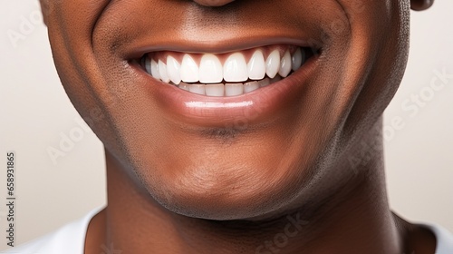 Picture of a happy smiling African American young man with perfectly white even teeth. Smiling mouth close up.