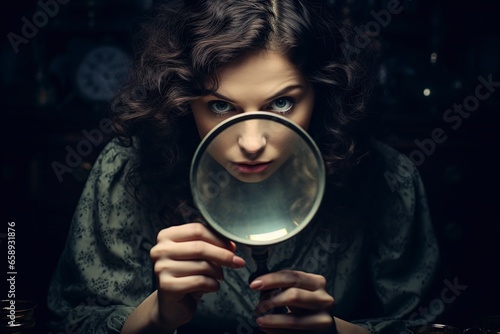 woman looking through a magnifying glass photo