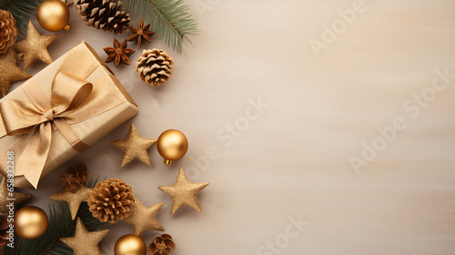 Christmas decoration composition on a light gold empty background with pines and Christmas gift box, top view with copy space for text