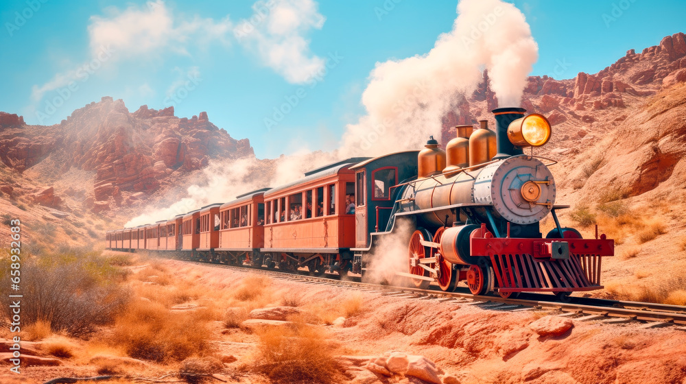 Obraz premium Vintage steam train with a passengers runs on the tracks and letting of smoke and steam