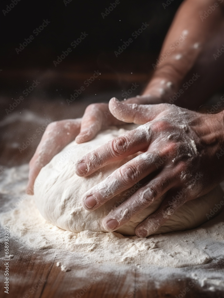 Hands kneading dough for bread and rolls neutral background.