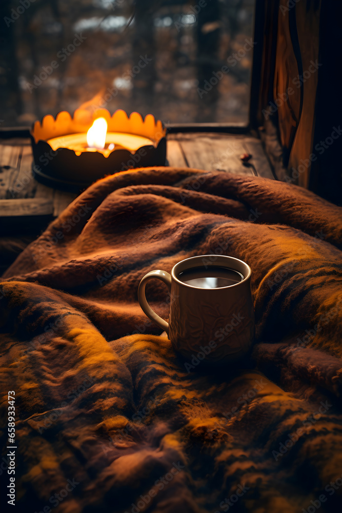 Cup with hot drinks at home with autumnal decor Cup with hot drinks at home with autumnal decor