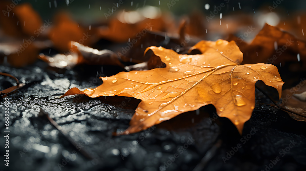 Macro close up of brown orange fall leaves with round rain droplets on them Macro close up of brown orange fall leaves with round rain droplets on them