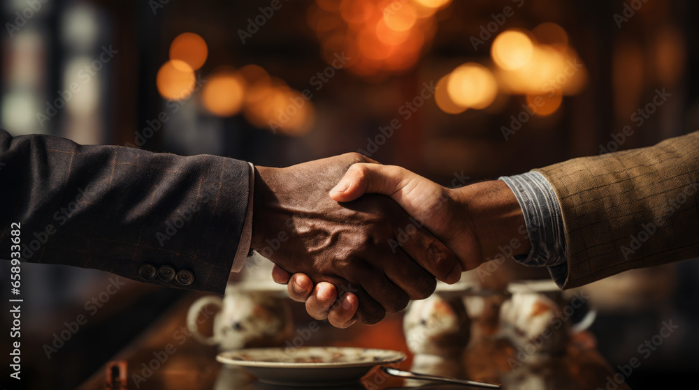 Two businessmen shaking hands. Cross cultural agreement. Multiculturalism. Global business. Making an agreement. Signing a deal. Heads of agreement. Memorandum of understanding. Diplomacy. - obrazy, fototapety, plakaty 