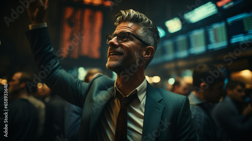 A handsome businessman looking up and waving. Stock trader on the trading floor. Professional. Successful businessman. photo