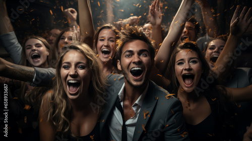 A group of young friends having a party. Cheering and laughing. At a nightclub. New years eve celebration.