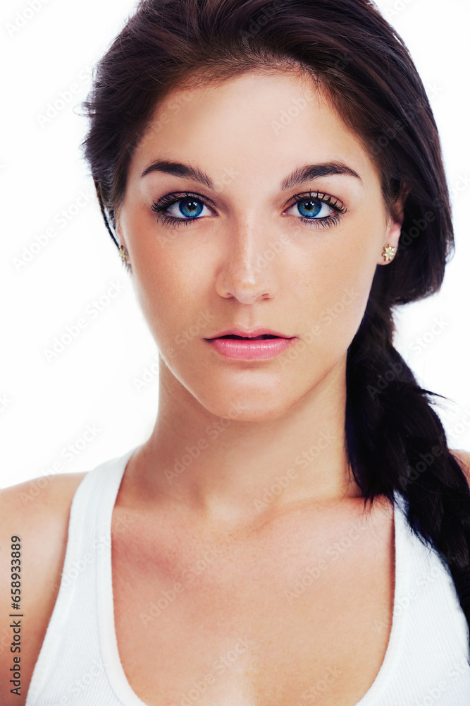 Woman, portrait and studio for beauty makeup product wellness, facial or results. Female model person, face and white background for luxury health cosmetic for self care, natural glow or dermatology Woman, portrait and studio for beauty makeup product wellness, facial or results. Female model person, face and white background for luxury health cosmetic for self care, natural glow or dermatology