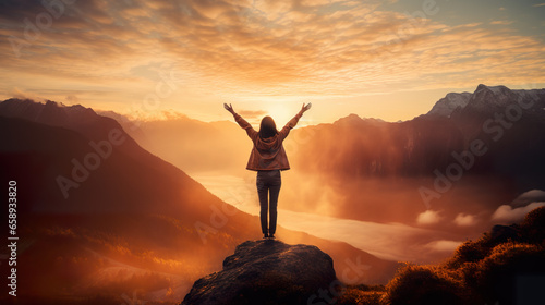 A woman, arms extended, savoring the sunrise amidst the mountains