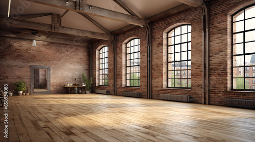 A Blank Canvas of Urbanity  Empty Room With Vast Window, Wooden Floor, and Brick Wall in a Modern, Loft-Style Interior Brought to Life with 3D Rendering © Saran