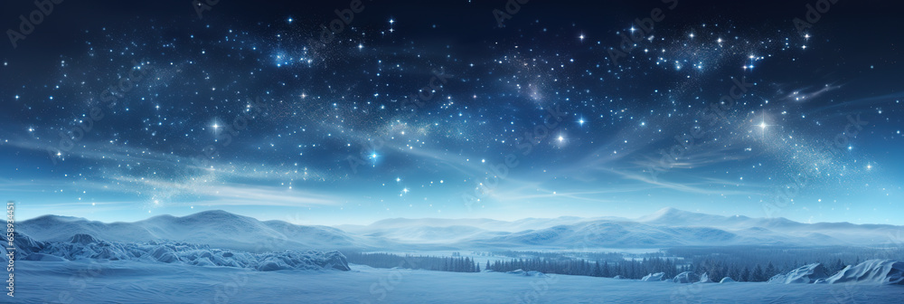 Panoramic snowy background at night, winter wonderland, snow-covered trees, sky and stars