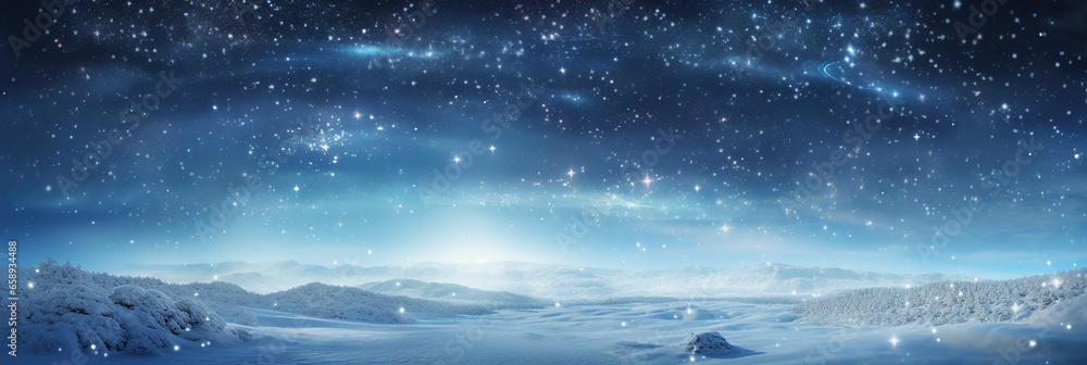 Panoramic snowy background at night, winter wonderland, snow-covered trees, sky and stars