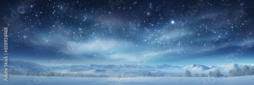 Panoramic snowy background at night, winter wonderland, sky and stars, tranquil scene