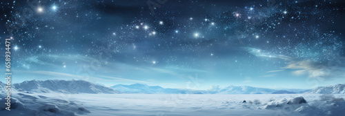 Panoramic snowy background at night, winter wonderland, sky and stars, tranquil scene