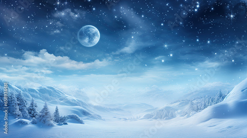 Panoramic snowy background at night, winter wonderland, snow-covered trees, sky and stars, moon © IonelV