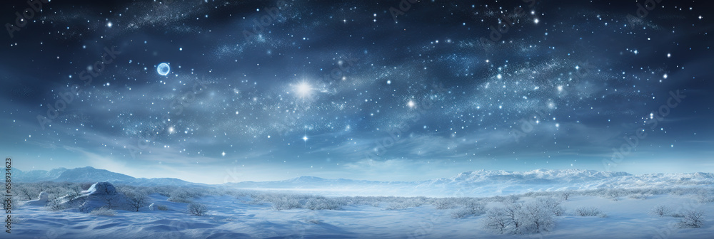 Fototapeta premium Panoramic snowy background at night, winter wonderland, snow-covered trees, sky and stars