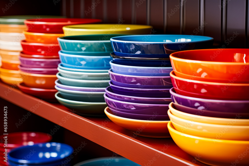 Close up of many colorful bowls on shelf in store. - obrazy, fototapety, plakaty 