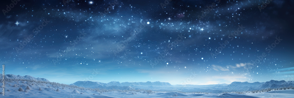 Panoramic snowy background at night, winter wonderland, snow-covered trees, sky and stars