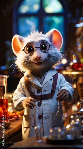 Rat in lab coat standing next to flask of liquid.