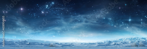 Panoramic snowy background at night  winter wonderland  sky and stars  tranquil scene