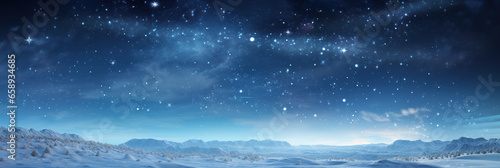 Panoramic snowy background at night  winter wonderland  snow-covered trees  sky and stars