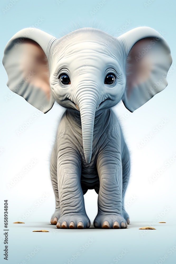 Baby elephant sitting on top of white floor next to blue wall.