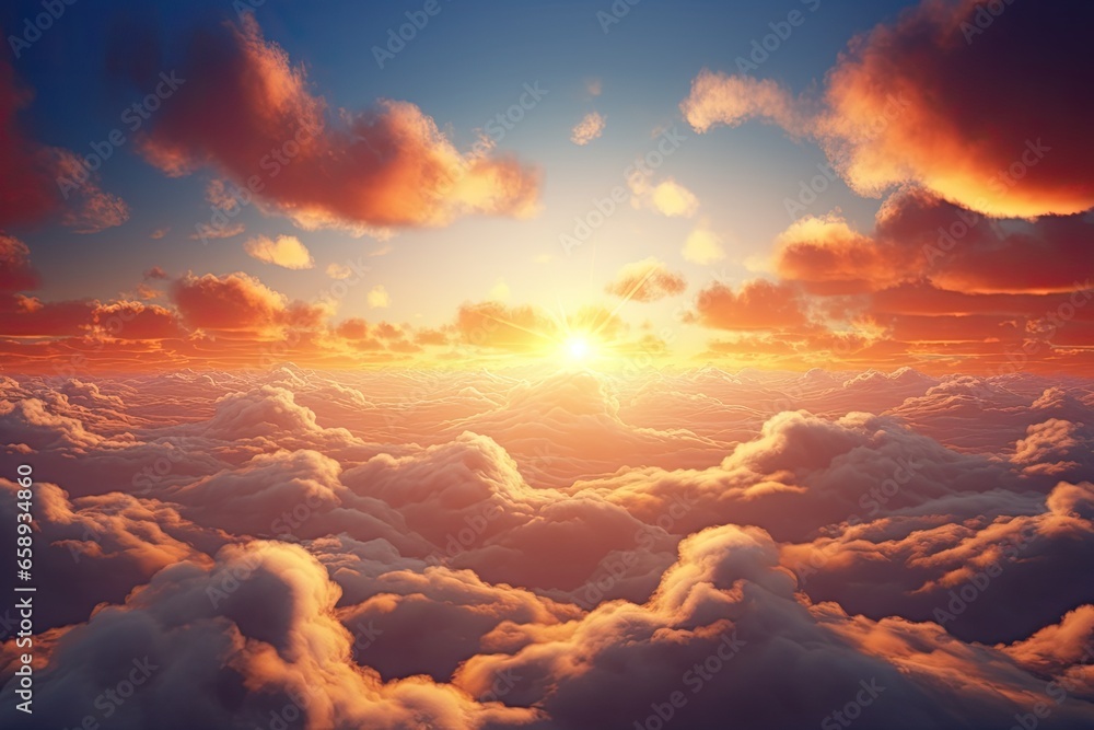 Beautiful aerial view above clouds at sunset. 3d render illustration, beautiful sunset in the sky with clouds and sun, AI Generated Beautiful aerial view above clouds at sunset. 3d render illustration, beautiful sunset in the sky with clouds and sun, AI Generated