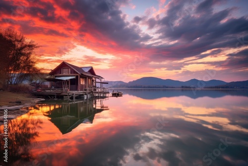 Wooden house on the lake at sunset, Bled, Slovenia, Beautiful sunset at the lake, Thailand. Long exposure shot, AI Generated