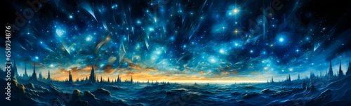 Image of sky filled with stars above the ocean.