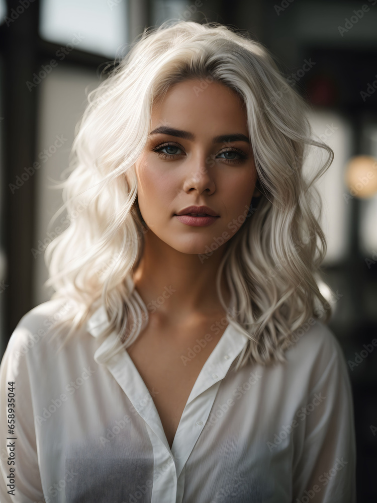Detailed portrait capturing a beautiful young lady with striking white hair and sharp eyes, shot in 35 mm, 8k resolution, emphasizing sharpness and clarity. Detailed portrait capturing a beautiful young lady with striking white hair and sharp eyes, shot in 35 mm, 8k resolution, emphasizing sharpness and clarity.