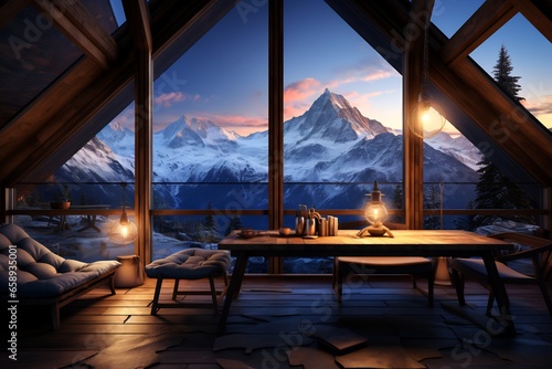 Room with mountain view and table with lantern on it.