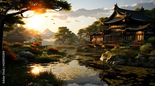 Image of japanese landscape with pond and pagoda.