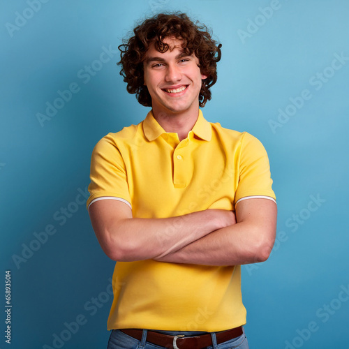 Young curly hair man smiling and laughing, wearing a yellow t shirt on a bright solid blue background. created by generative AI technology