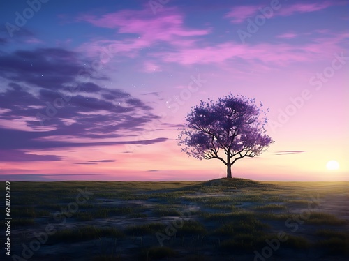 Lonely tree in the meadow at sunset. 3d render
