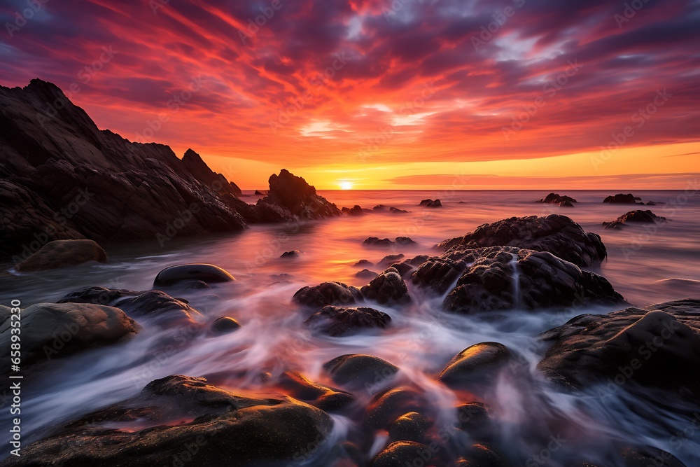 Beautiful seascape. Dramatic sunset over the sea.